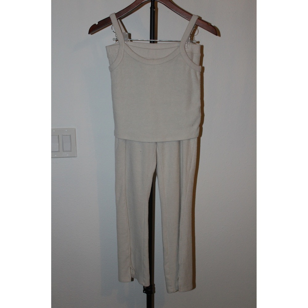 Old Navy Women's XS Oatmeal Ribbed Lounge Set Tank Top Wide Leg Pants 2 Piece